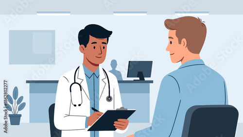 A doctor in a white coat with a stethoscope is writing on a clipboard while talking to a male patient in a light blue shirt in a medical office.