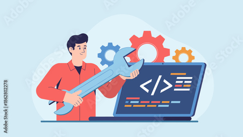 developer repairing code on a laptop with a wrench vector illustration