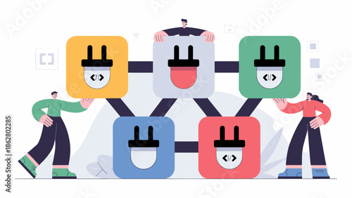 team connecting api plugins to build a software system vector illustration