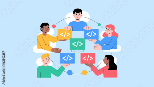 diverse team sharing code blocks in a circle vector illustration, open-source collaboration and software development