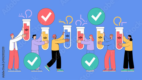 diverse team experimenting with code in test tubes vector illustration