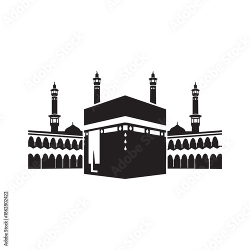 Black silhouette of the Kaaba and surrounding buildings with minarets mecca islam