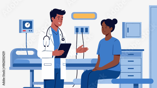 A male doctor in a white coat with a stethoscope is talking to a female patient in a medical examination room.