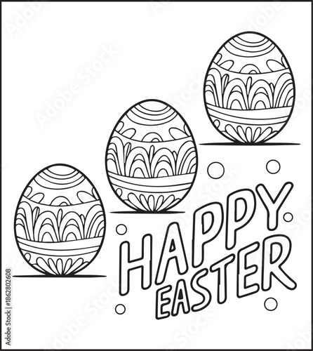 Easter egg with beautiful ornamental decorated black line art vector illustration, Happy easter day coloring page for kids and adults