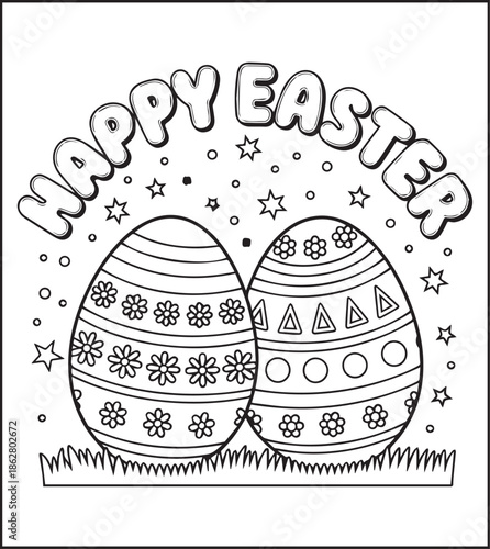 Easter egg with beautiful ornamental decorated black line art vector illustration, Happy easter day coloring page for kids and adults