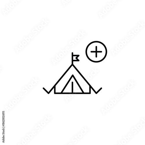 Camping tent and plus symbol. Outdoor trip preparation, new places added. Pixel perfect, editable stroke vector icon
