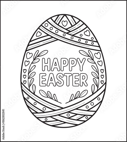 Easter egg with beautiful ornamental decorated black line art vector illustration, Happy easter day coloring page for kids and adults