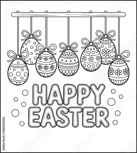Easter egg with beautiful ornamental decorated black line art vector illustration, Happy easter day coloring page for kids and adults