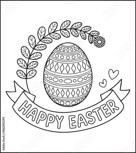 Easter egg with beautiful ornamental decorated black line art vector illustration, Happy easter day coloring page for kids and adults