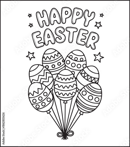 Easter egg with beautiful ornamental decorated black line art vector illustration, Happy easter day coloring page for kids and adults