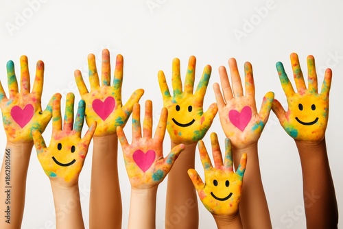 Colorful painted children's hands with smiley faces and hearts raised against white background, symbolizing happiness, unity, and creativity concept. Ai generative