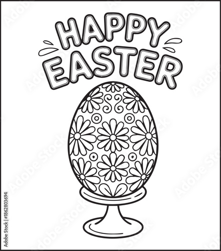 Easter egg with beautiful ornamental decorated black line art vector illustration, Happy easter day coloring page for kids and adults