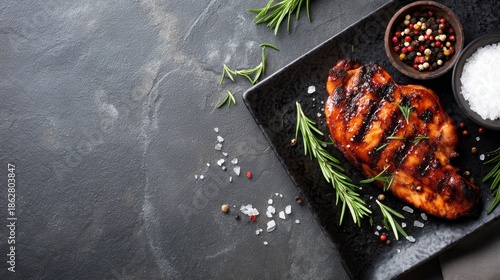 Overhead shot of a perfectly grilled chicken breast on a dark ceramic plate garnished with fresh rosemary, cracked pepper, coarse salt, and seasoning in small bowls, with copy space on the right for