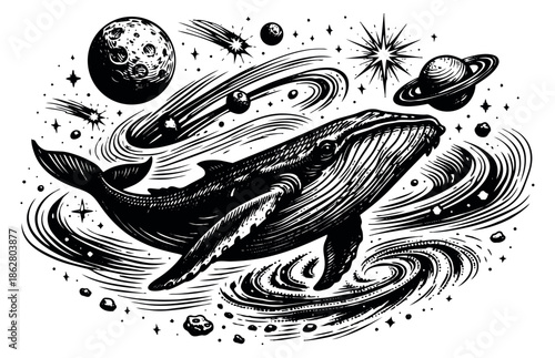 Hand drawn line art illustration of a whale depicting a mystical journey through space for cosmic themes