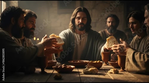 Jesus Christ breaks bread with apostles at last supper, sharing a meal and fellowship with his disciples.
