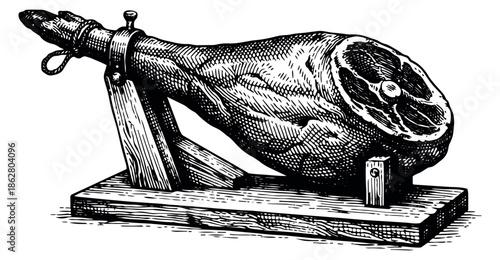 Vintage line art illustration of a jamon depicting a traditional Spanish delicacy on a stand for food packaging