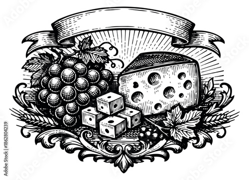 Retro line art illustration of grapes, cheese, and dice depicting a gambling and gourmet theme for a casino emblem