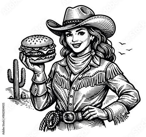 Hand drawn line art illustration of a cowgirl depicting her holding a burger for a western restaurant