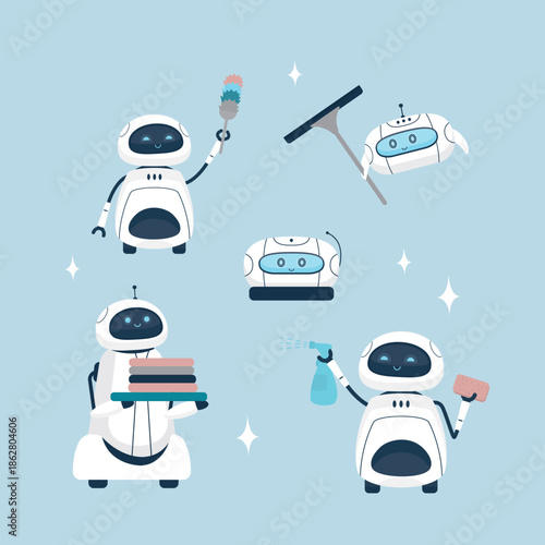 Set of robot assistants. Automated helpers cleaning room, carrying laundry. Smart ai machines or appliance for people.
