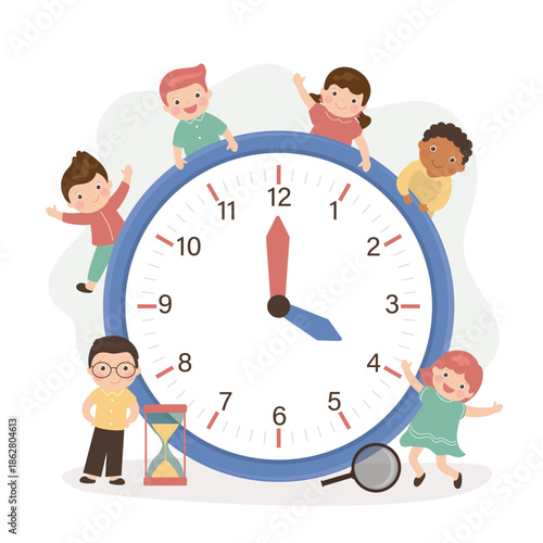 Little boys and girls learning to read time on the clock. Children with clock learning time, punctuality, exploring numbers and clock set.