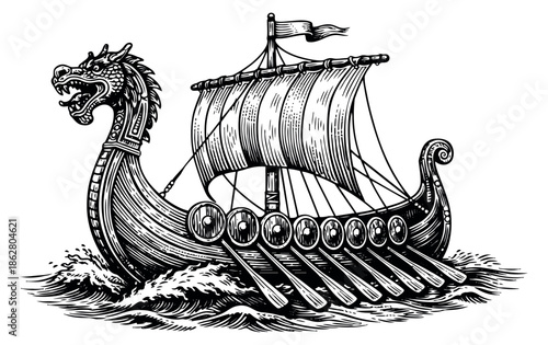 Vintage hand drawn line art illustration of a viking longship depicting a dragon figurehead and oars on rough seas for historical and adventure themes