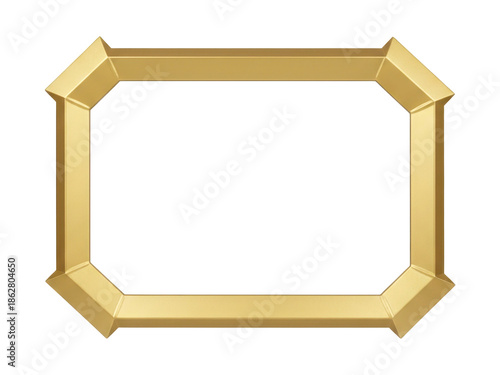 Rectangular gold frame with geometric faceted corners features sharp angular edges and smooth metallic surface for modern luxury style. Isolated on transparent background, png.
