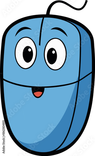 A cheerful blue computer mouse with a smiling face and large illustration