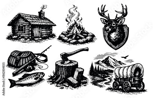 Hand drawn line art outdoor adventure set featuring a rustic cabin, roaring campfire, deer head mount, fishing rod, and covered wagon for wilderness and pioneer themes