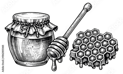 Hand drawn line art honey set featuring a jar, dipper, and honeycomb for natural food designs