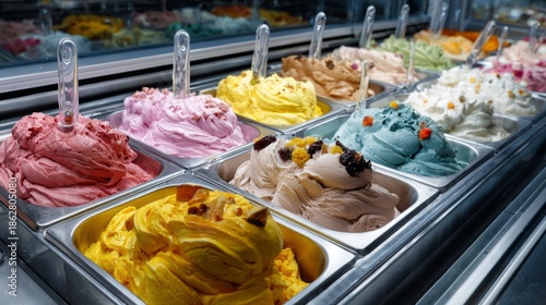 Various gelato flavors entice customers in a sleek ice cream shop. Bright pinks, yellows, and blues delight the eye, inviting sweet indulgence on a warm day