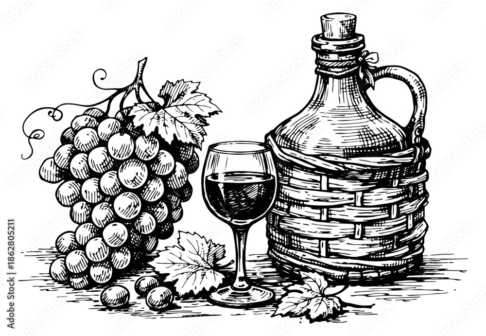 Fototapeta premium Hand drawn line art wine set featuring grapes, a glass, and a bottle for winery and restaurant design