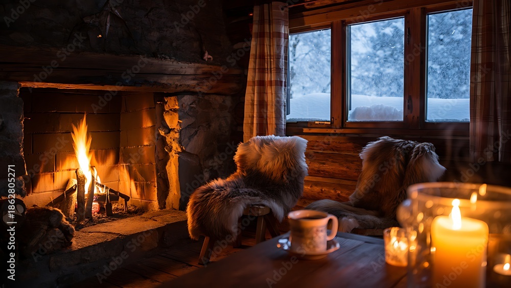 Fototapeta premium Cozy cabin living room with fireplace and candles on wooden table