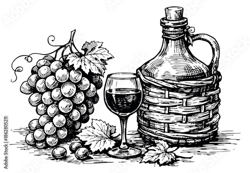 Hand drawn line art wine set featuring grapes, a glass, and a bottle for winery and restaurant design