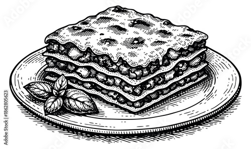 Hand drawn line art illustration of lasagna on a plate depicting a delicious Italian meal for food menus