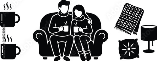 Couple relaxing on sofa with hot drinks, cozy home interior silhouettes, winter comfort lifestyle concept, warmth, togetherness, hygge mood, and relaxing evening illustration