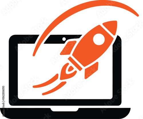 Digital Startup Launch Rocket Accelerating from Laptop Screen Icon