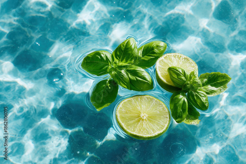Wallpaper Mural Basil leaves and lime wedge floating over pool tiles with bright caustics Torontodigital.ca