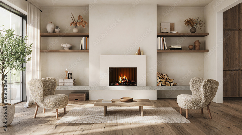 Fototapeta premium Modern wabi-sabi interior design with fireplace, atural light and boucle furniture, 3d render