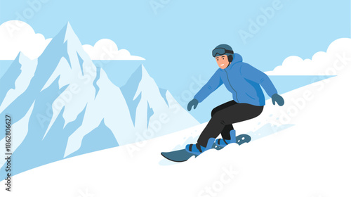 Snowboarder riding down snowy mountain slope in winter, extreme sport adventure illustration, outdoor recreation, alpine landscape, cold weather activity, dynamic motion background