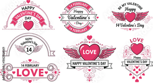 Valentine's Day vector badge collection featuring pink winged hearts elegant filigree swirls romantic typography and 14 February labels.