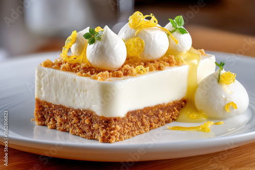 Wallpaper Mural Deconstructed lemon cheesecake with cream quenelle, curd dots and candied peel on plate Torontodigital.ca