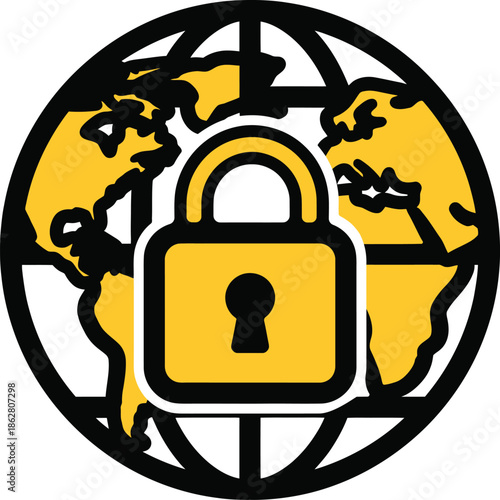 Global Cyber Security and Data Protection Padlock on World Map Icon Vector Graphic