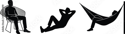 Relaxing people silhouettes sitting on chair, lying down and resting in hammock, black vector illustration showing leisure lifestyle, comfort, calmness, and relaxation concepts