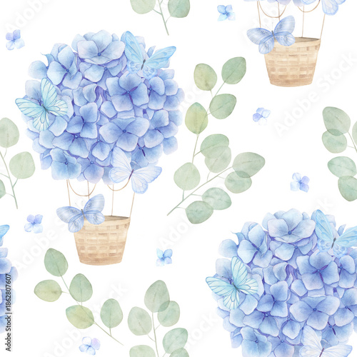 Watercolor seamless pattern with hydrangea hot air balloon,  butterfies.Hand drawn illustration on white background