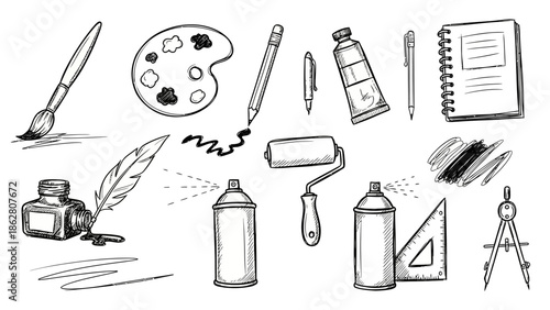 Creative art supplies for painting and drawing on white background