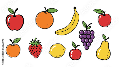 Colorful cartoon fruits collection for healthy eating and nutrition