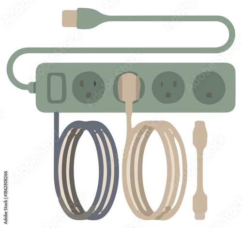 Electric Power Strip Extension Cord with Plugs and Cables Vector Illustration