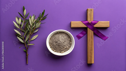 Ash wednesday symbols on purple background