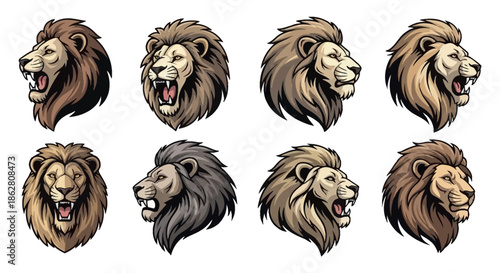 Various lion head illustrations showcasing different facial expressions and mane styles in a grid layout on a white background