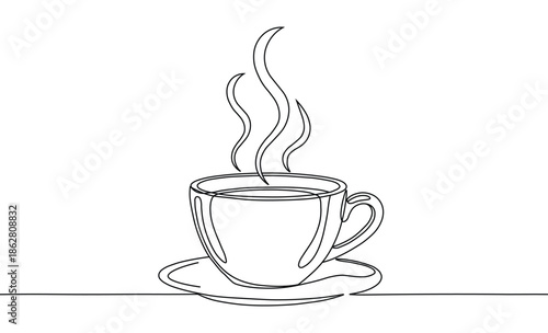 Continuous line drawing of a steaming hot coffee cup a saucer